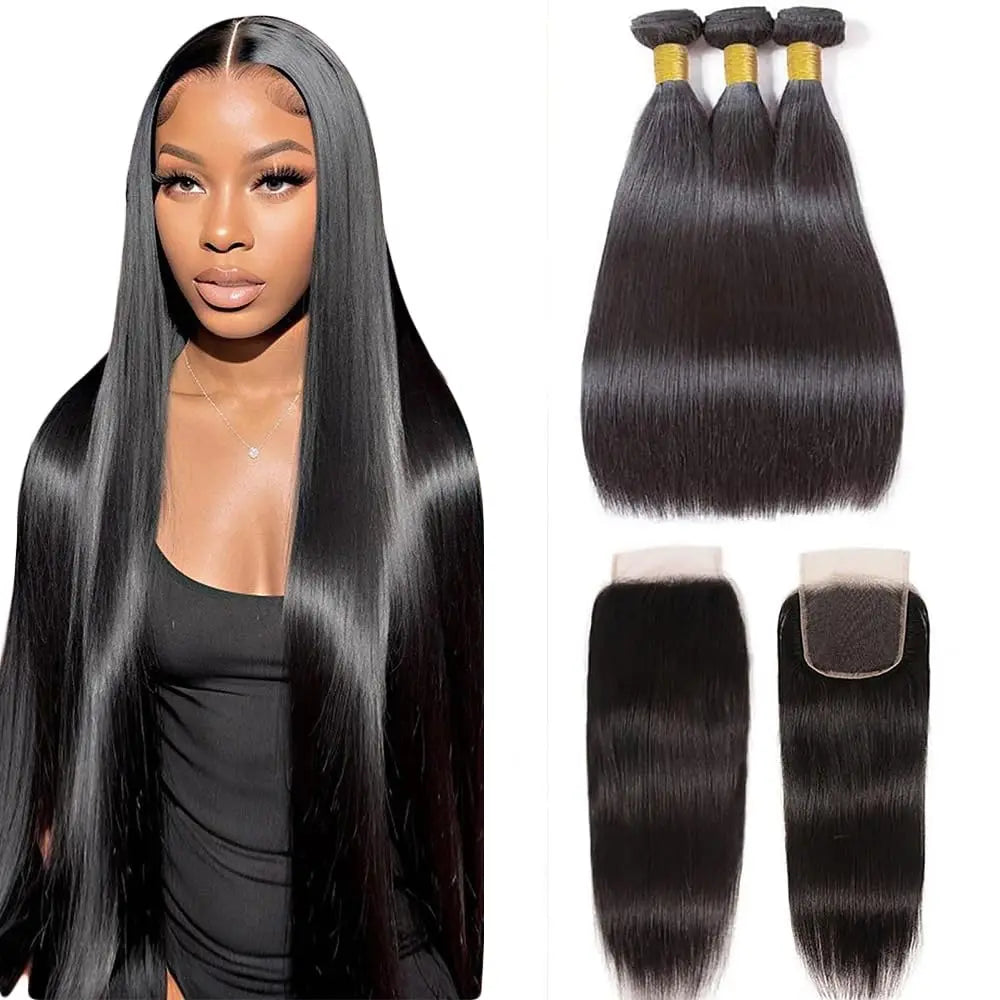 ✨Luxe | 12A Burmese Straight Hair Bundles with Closure – 100% Remy Human Hair