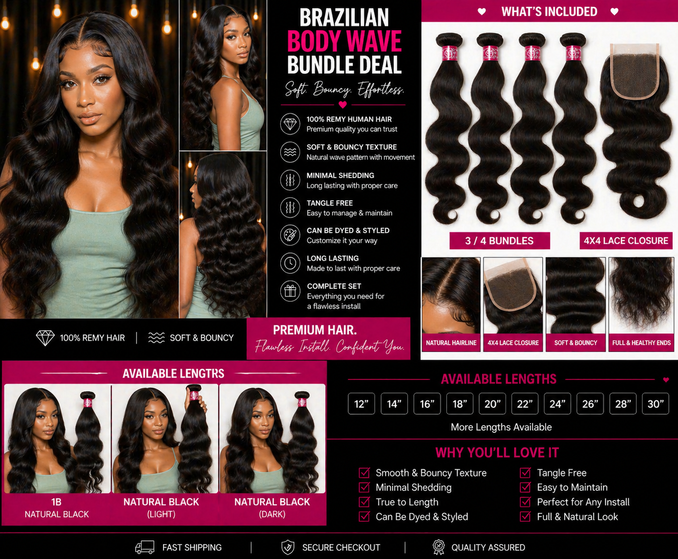 ✨Luxe Brazilian Body Wave Bundles with 4x4 Closure – 100% Remy Human Hair