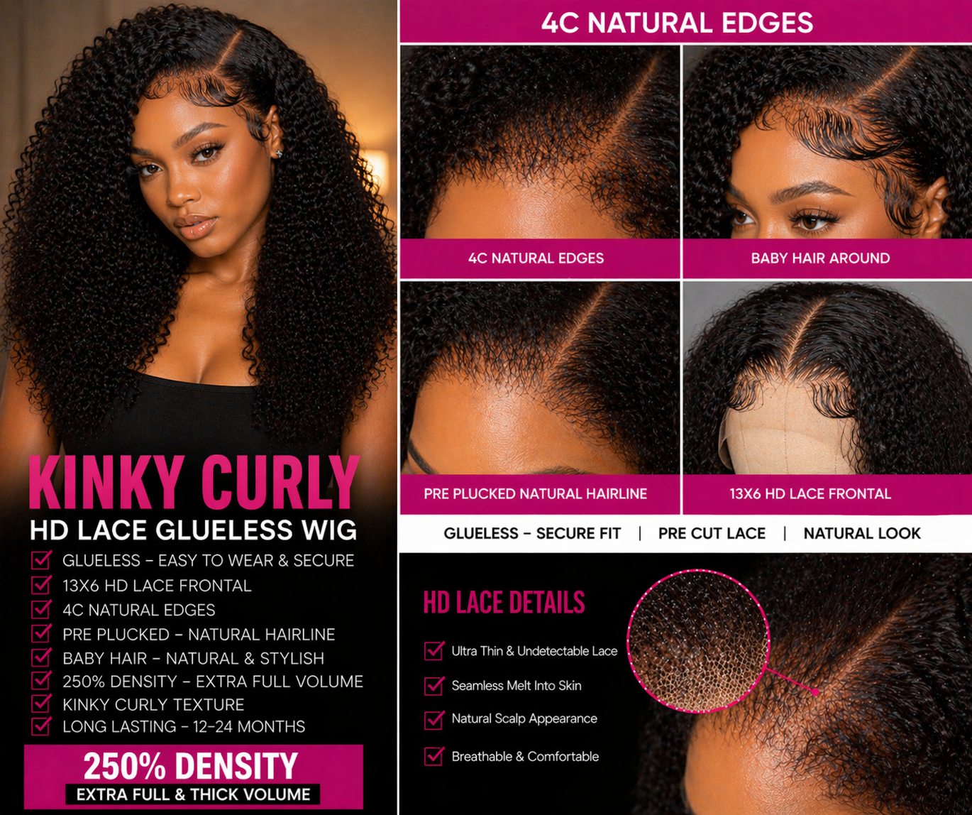 ✨Luxe 4C Kinky Curly HD Lace Wig – Natural Edges