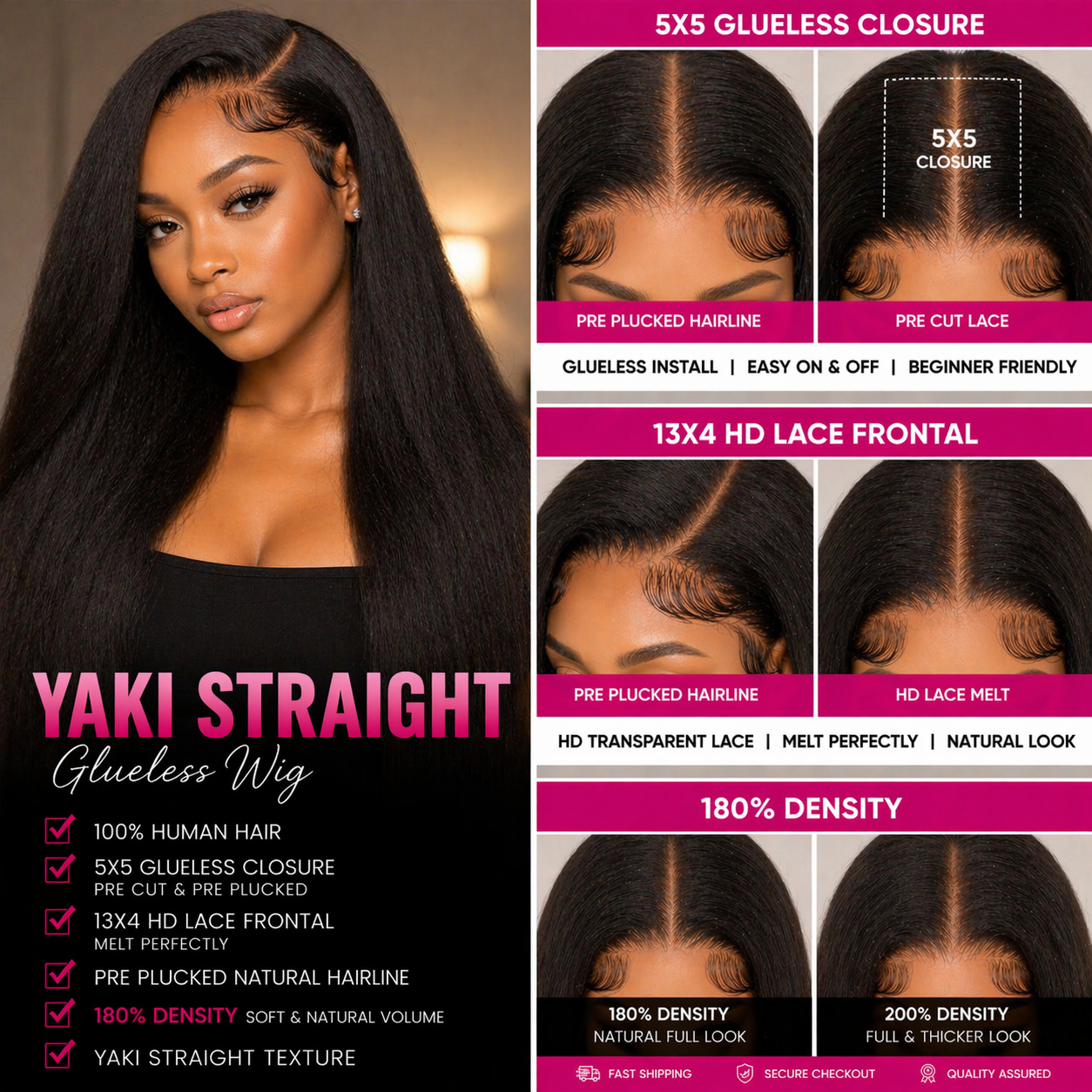 ✨Luxe Yaki Straight HD Lace Wig – Glueless Human Hair (Natural Texture)