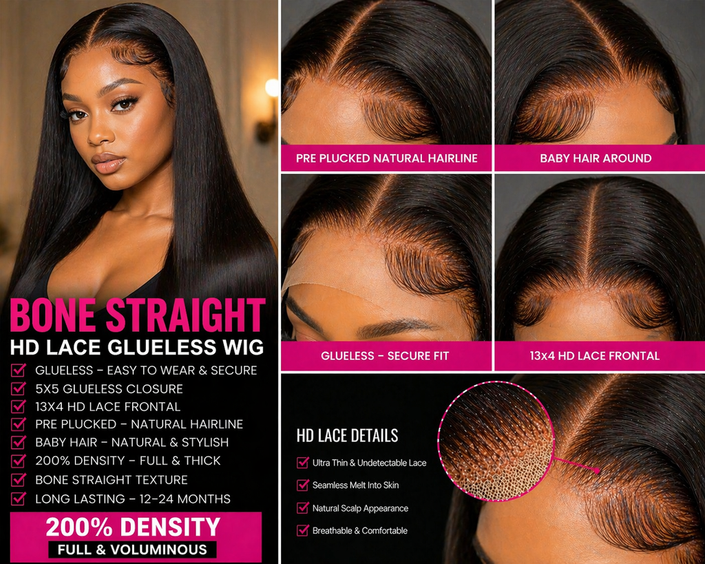 ✨ Luxe HD Glueless Bone Straight Wig – Brazilian Human Hair