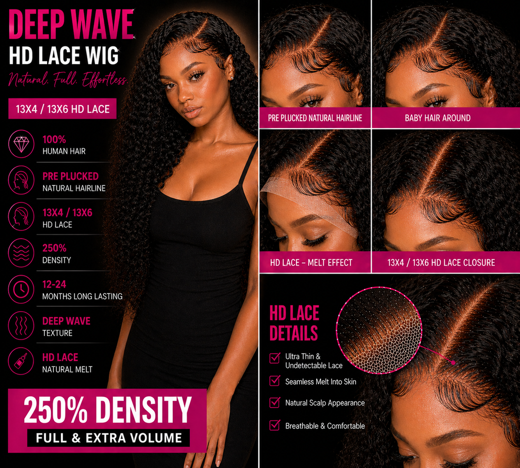 ✨ Luxe HD Lace Deep Wave Wig – Premium Brazilian Remy Hair (Pre-Plucked, Natural Hairline)