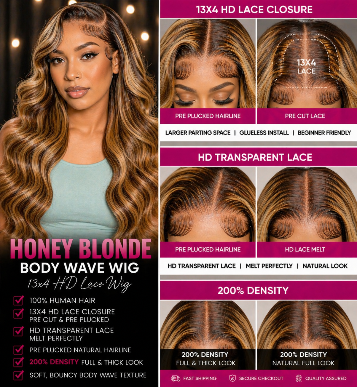 ✨P4/27 Honey Blonde Body Wave HD Lace Wig – Luxury Brazilian Remy Hair