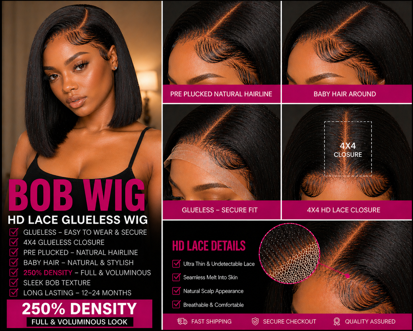 ✨Luxe Glueless Bob Wig – 100% Human Hair HD Lace Closure (4x4) Pre-Plucked