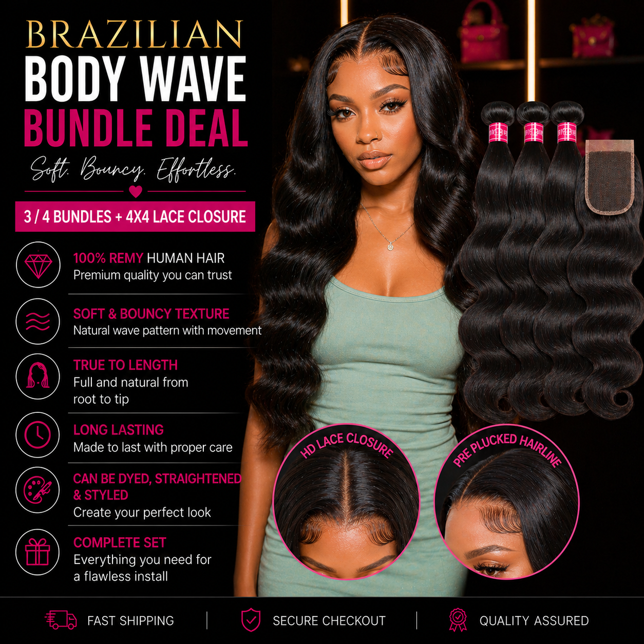 ✨Luxe Brazilian Body Wave Bundles with 4x4 Closure – 100% Remy Human Hair