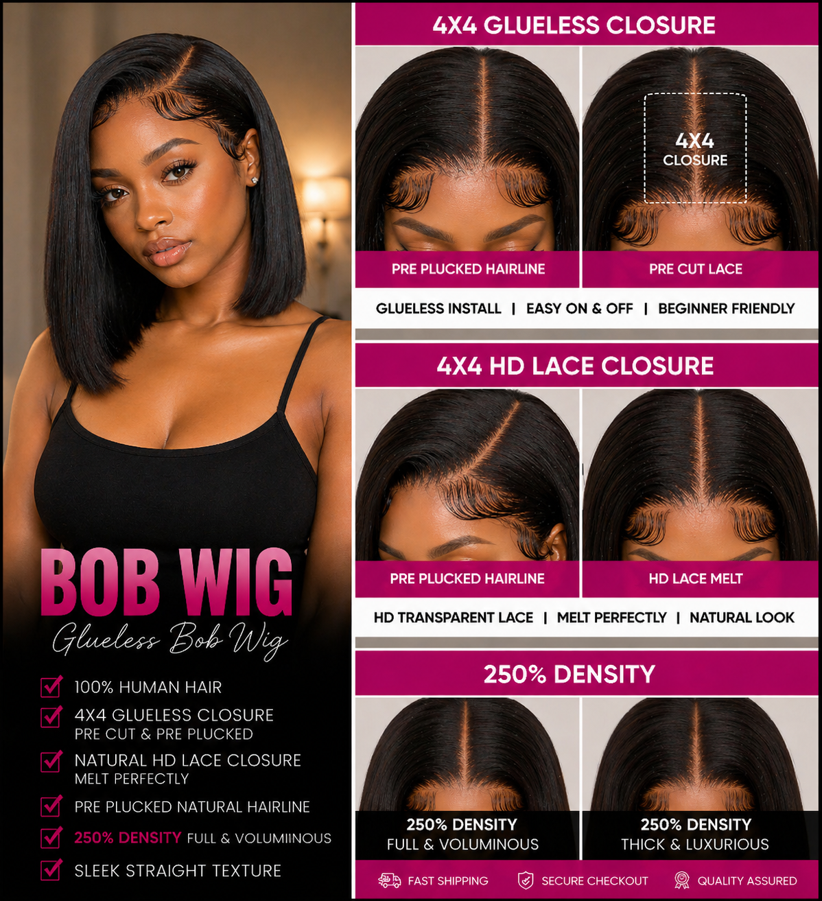 ✨Luxe Glueless Bob Wig – 100% Human Hair HD Lace Closure (4x4) Pre-Plucked