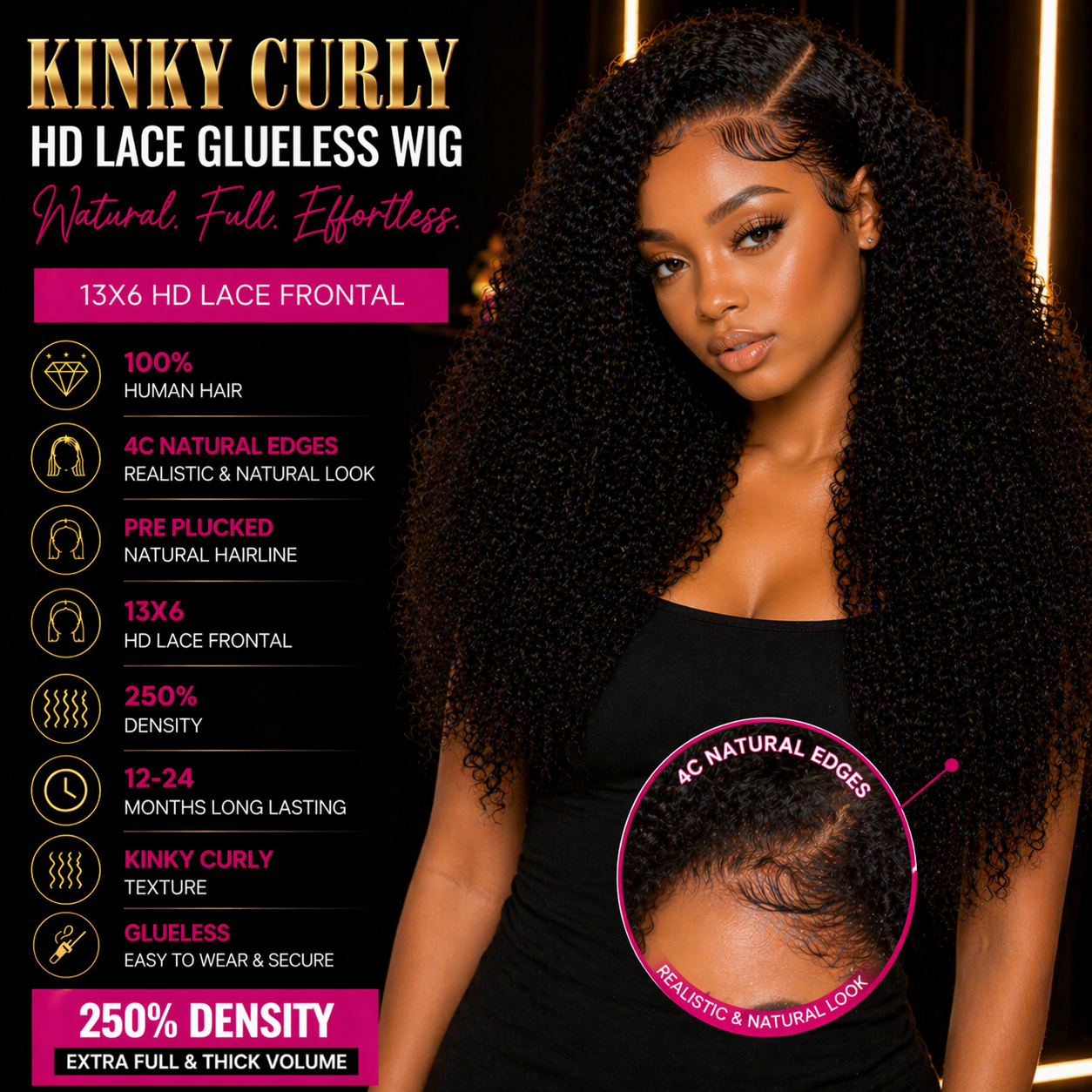 ✨Luxe 4C Kinky Curly HD Lace Wig – Natural Edges