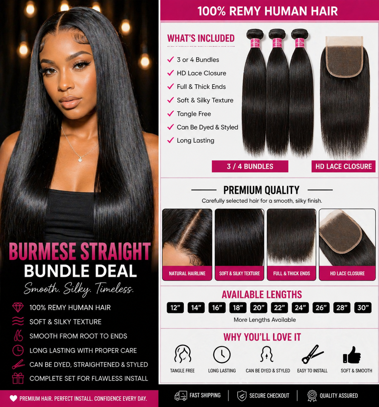 ✨Luxe | 12A Burmese Straight Hair Bundles with Closure – 100% Remy Human Hair