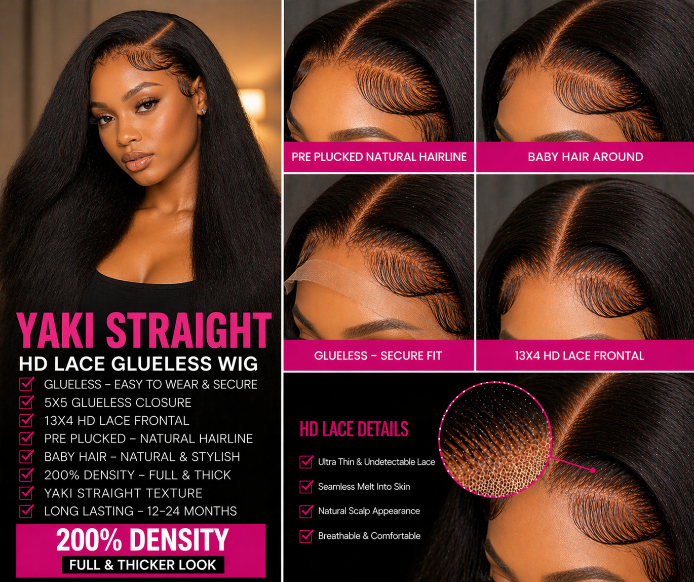 ✨Luxe Yaki Straight HD Lace Wig – Glueless Human Hair (Natural Texture)