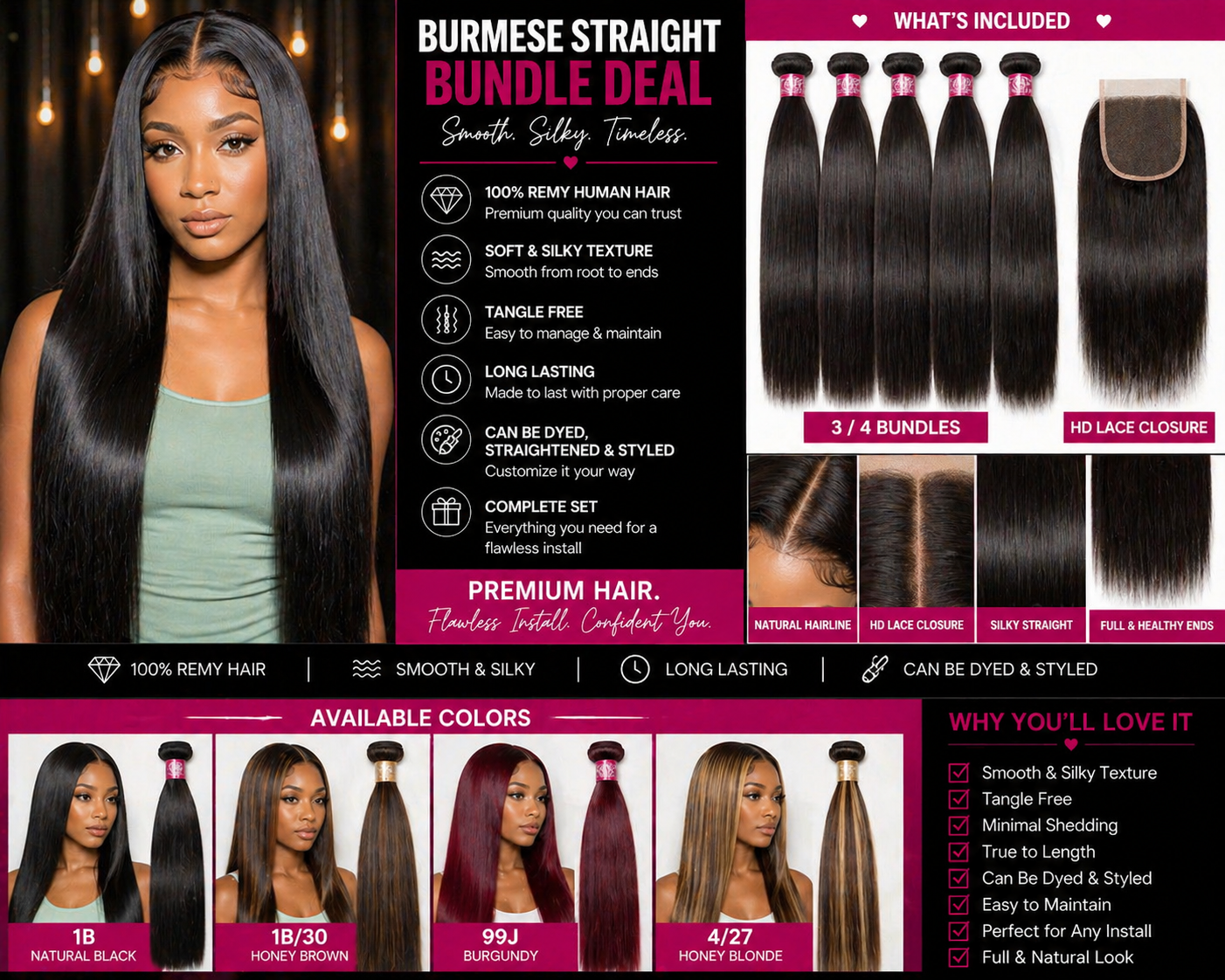 ✨Luxe | 12A Burmese Straight Hair Bundles with Closure – 100% Remy Human Hair