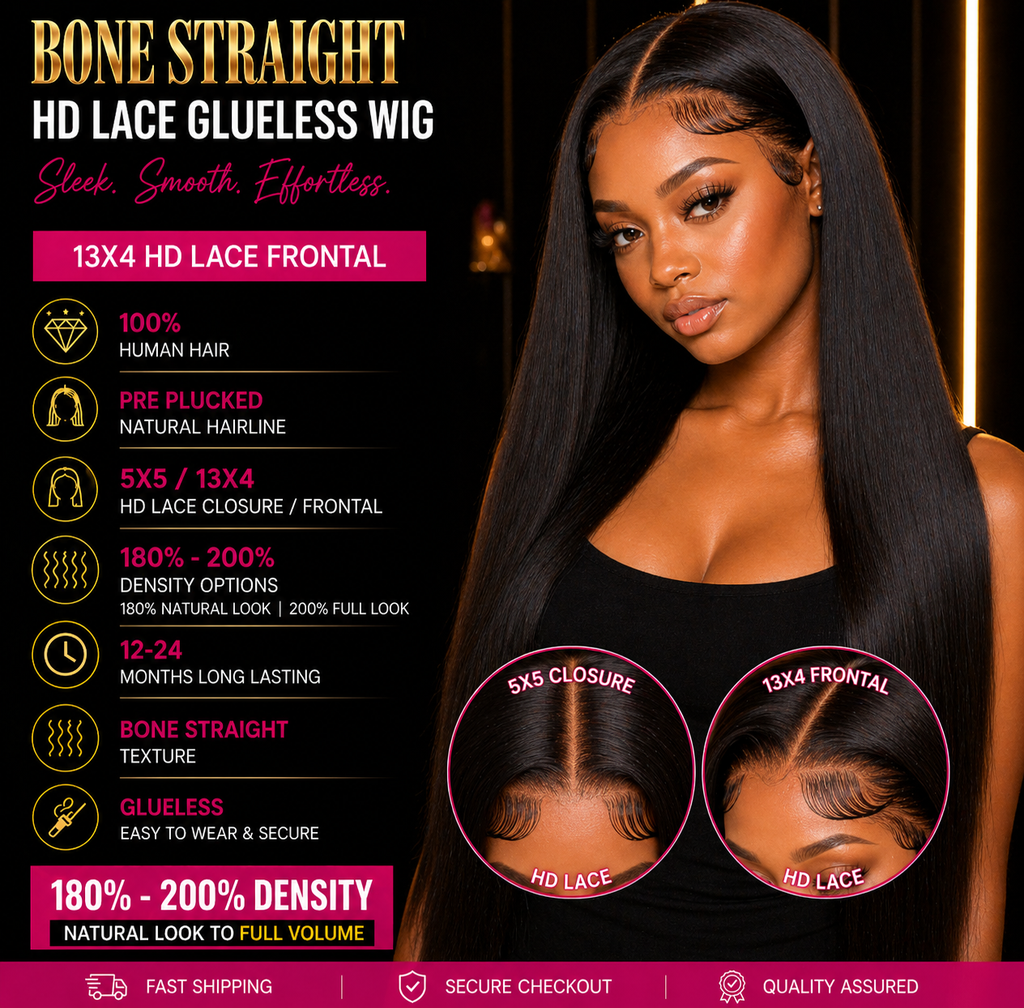 ✨ Luxe HD Glueless Bone Straight Wig – Brazilian Human Hair