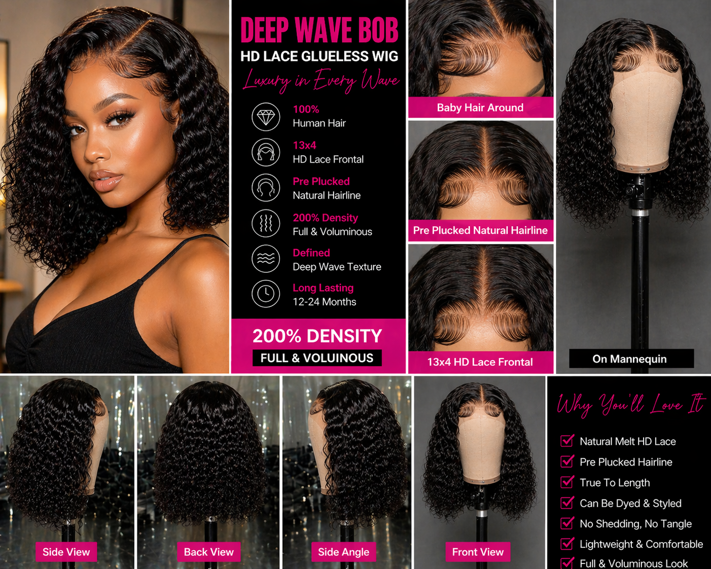 ✨ Luxe HD Lace Glueless Deep Wave Bob Wig – Pre-Cut | Soft, Natural & Full
