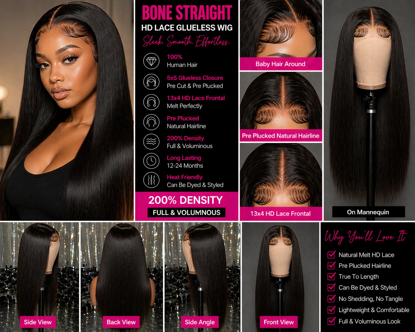 ✨ Luxe HD Glueless Bone Straight Wig – Brazilian Human Hair