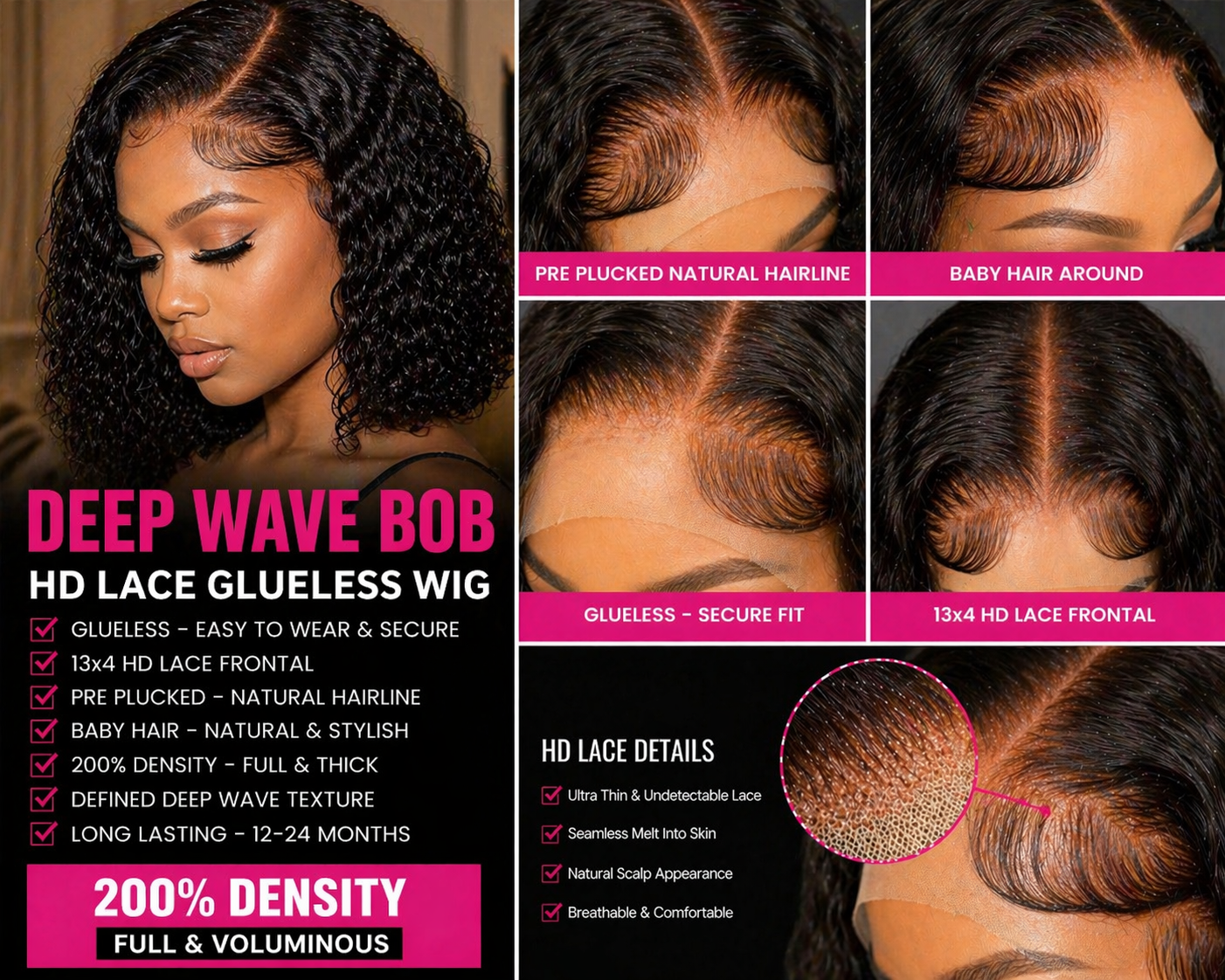 ✨ Luxe HD Lace Glueless Deep Wave Bob Wig – Pre-Cut | Soft, Natural & Full
