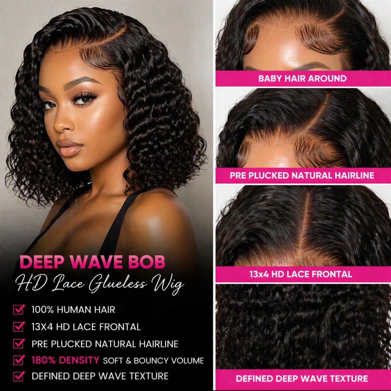 ✨ Luxe HD Lace Glueless Deep Wave Bob Wig – Pre-Cut | Soft, Natural & Full