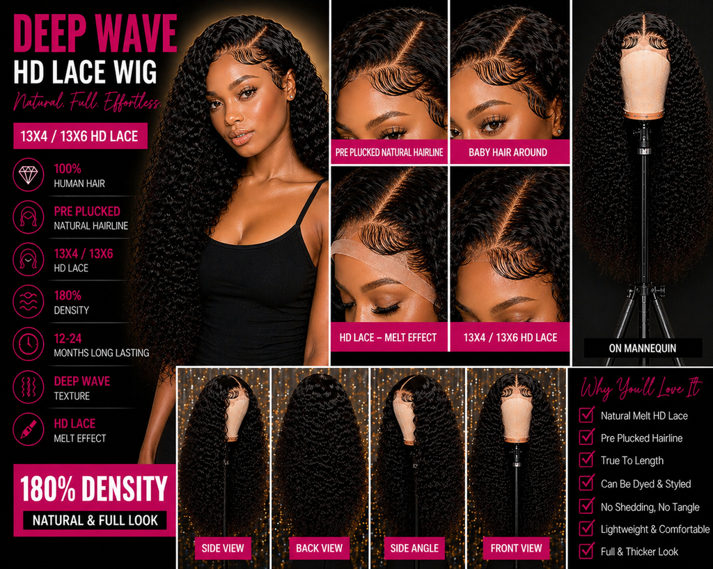 ✨ Luxe HD Lace Deep Wave Wig – Premium Brazilian Remy Hair (Pre-Plucked, Natural Hairline)
