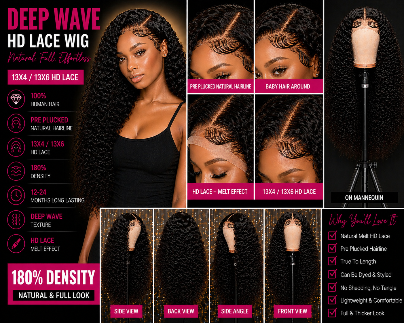 ✨ Luxe HD Lace Deep Wave Wig – Premium Brazilian Remy Hair (Pre-Plucked, Natural Hairline)