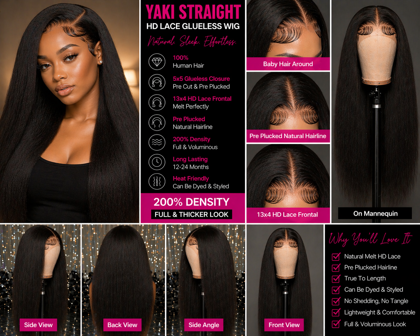✨Luxe Yaki Straight HD Lace Wig – Glueless Human Hair (Natural Texture)