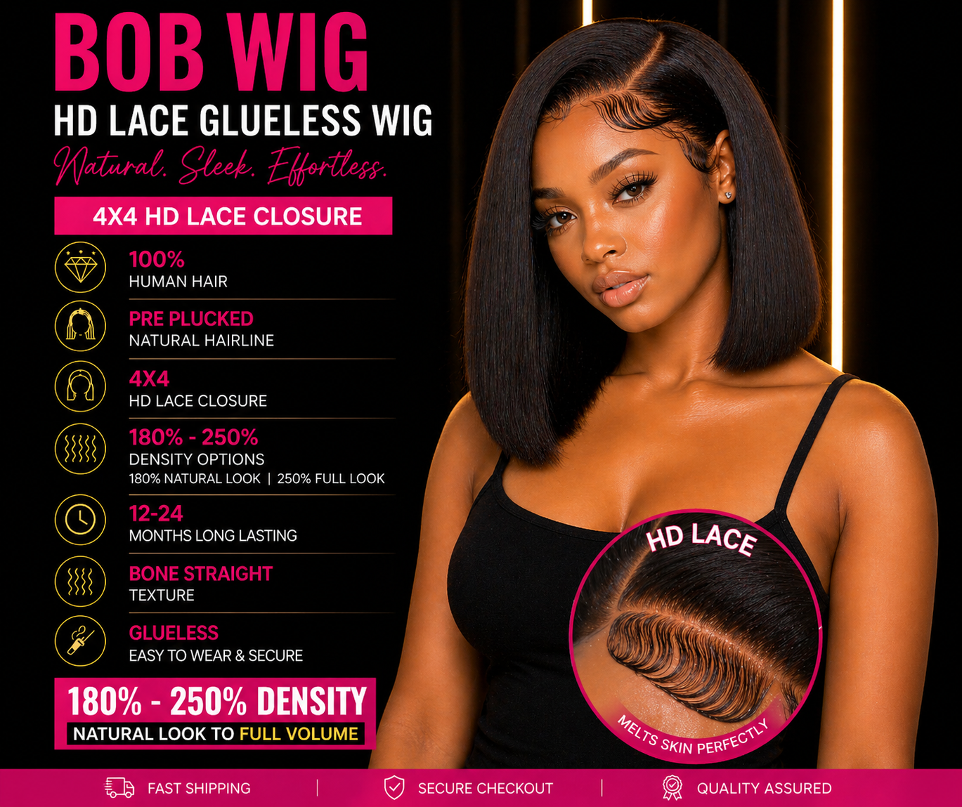 ✨Luxe Glueless Bob Wig – 100% Human Hair HD Lace Closure (4x4) Pre-Plucked