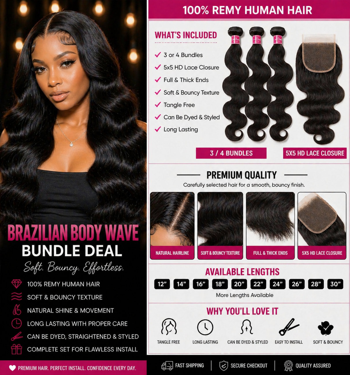 ✨Luxe Brazilian Body Wave Bundles with 4x4 Closure – 100% Remy Human Hair