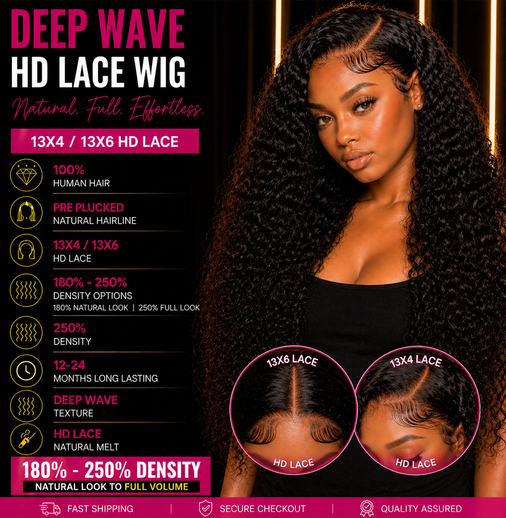 ✨ Luxe HD Lace Deep Wave Wig – Premium Brazilian Remy Hair (Pre-Plucked, Natural Hairline)