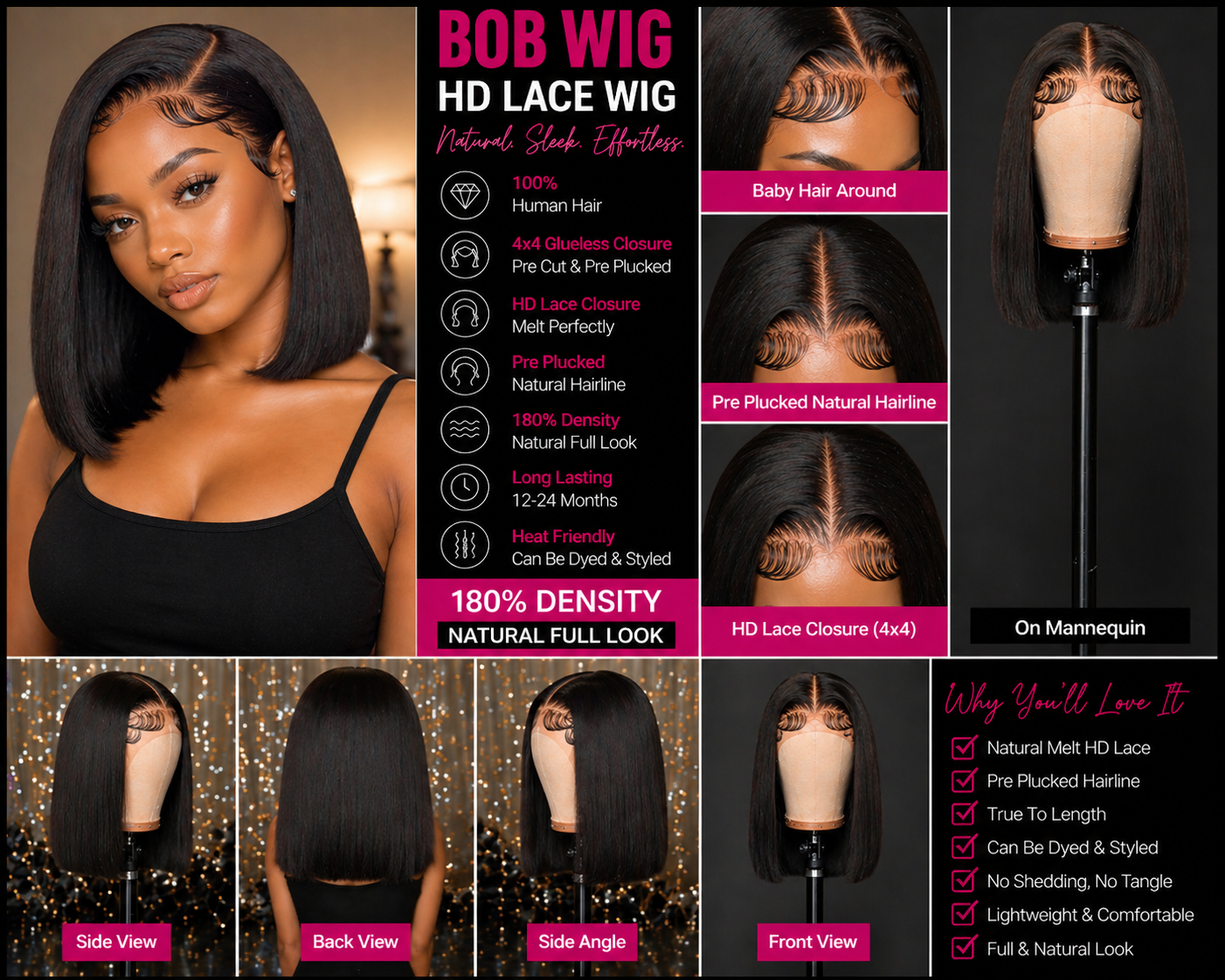 ✨Luxe Glueless Bob Wig – 100% Human Hair HD Lace Closure (4x4) Pre-Plucked