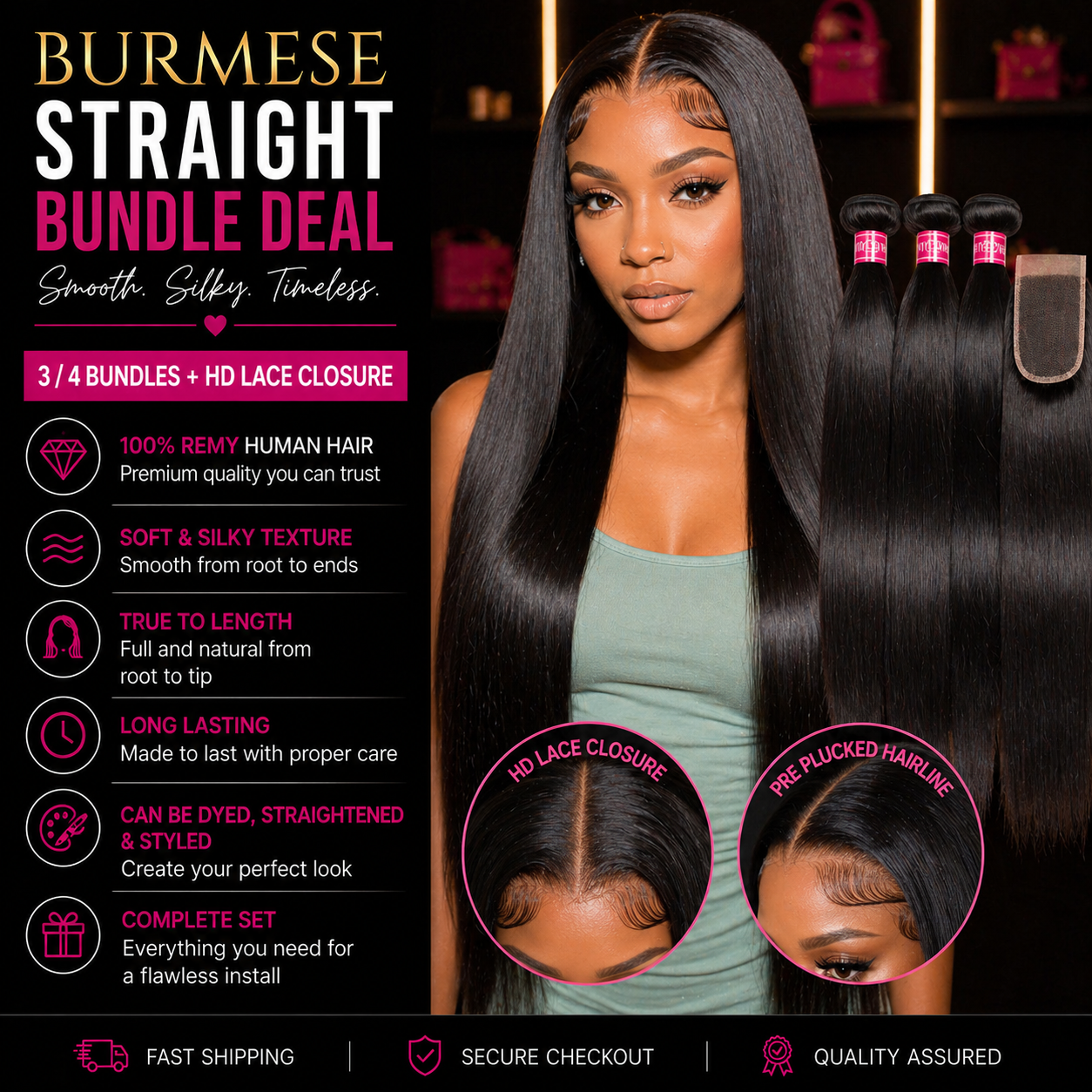 ✨Luxe | 12A Burmese Straight Hair Bundles with Closure – 100% Remy Human Hair